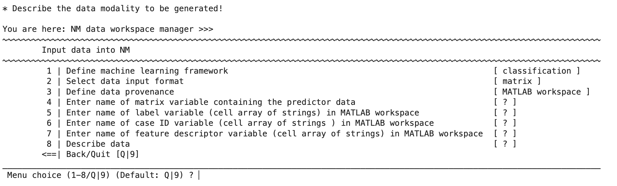 neurominer menu for data entry for matrix data from MATLAB workspace