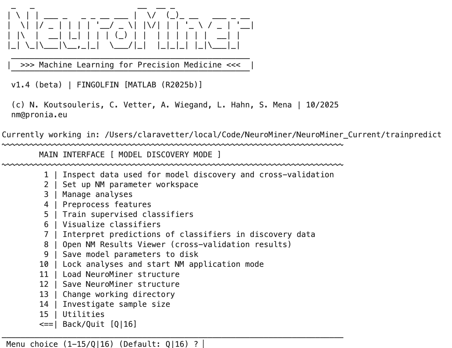 neurominer main menu after data entry