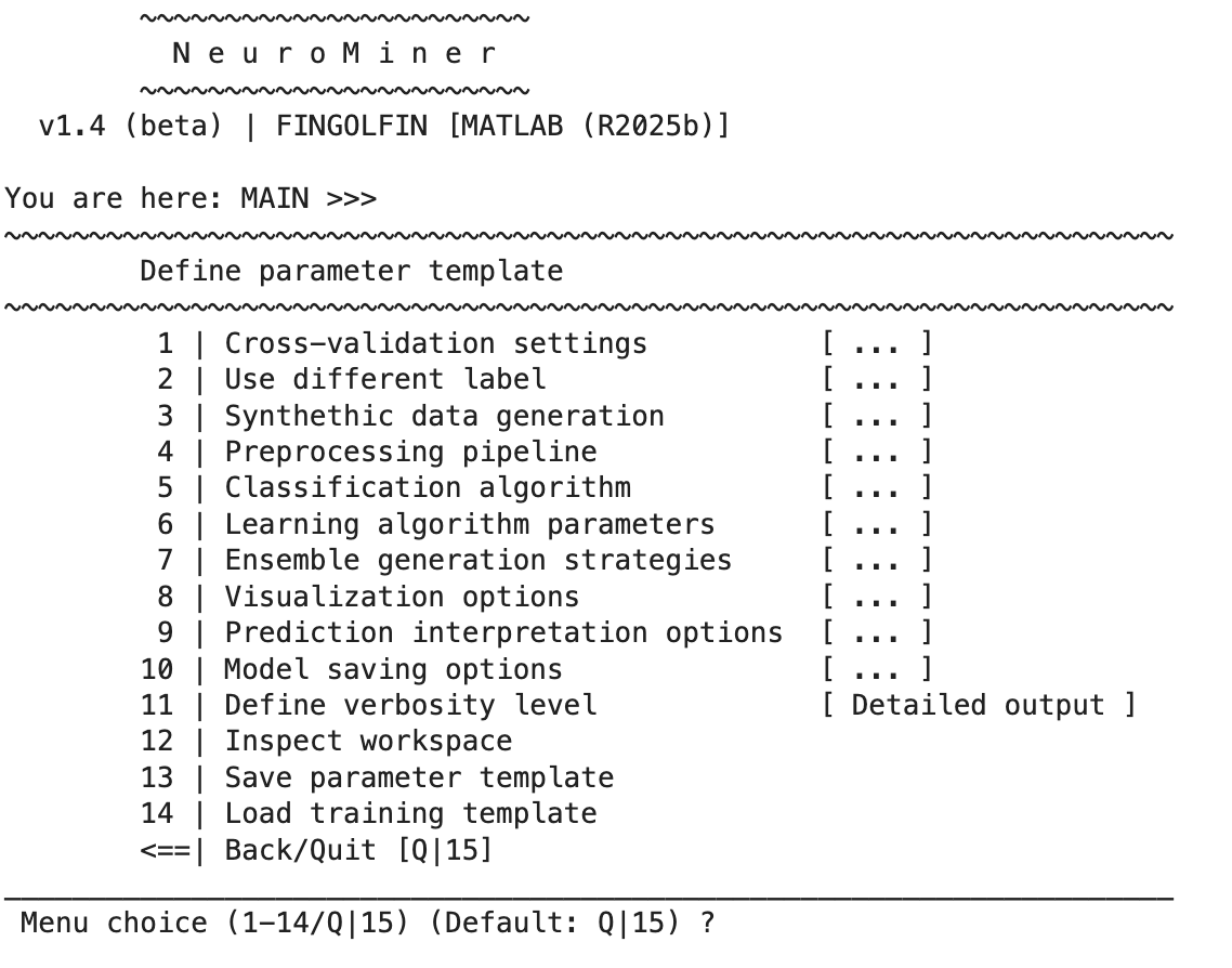 The initial parameter template setup menu of neurominer