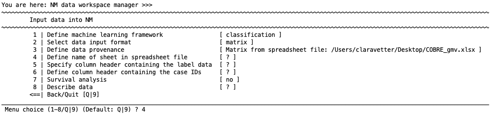 NeuroMiner data entry menu for matrix data from spreadsheets