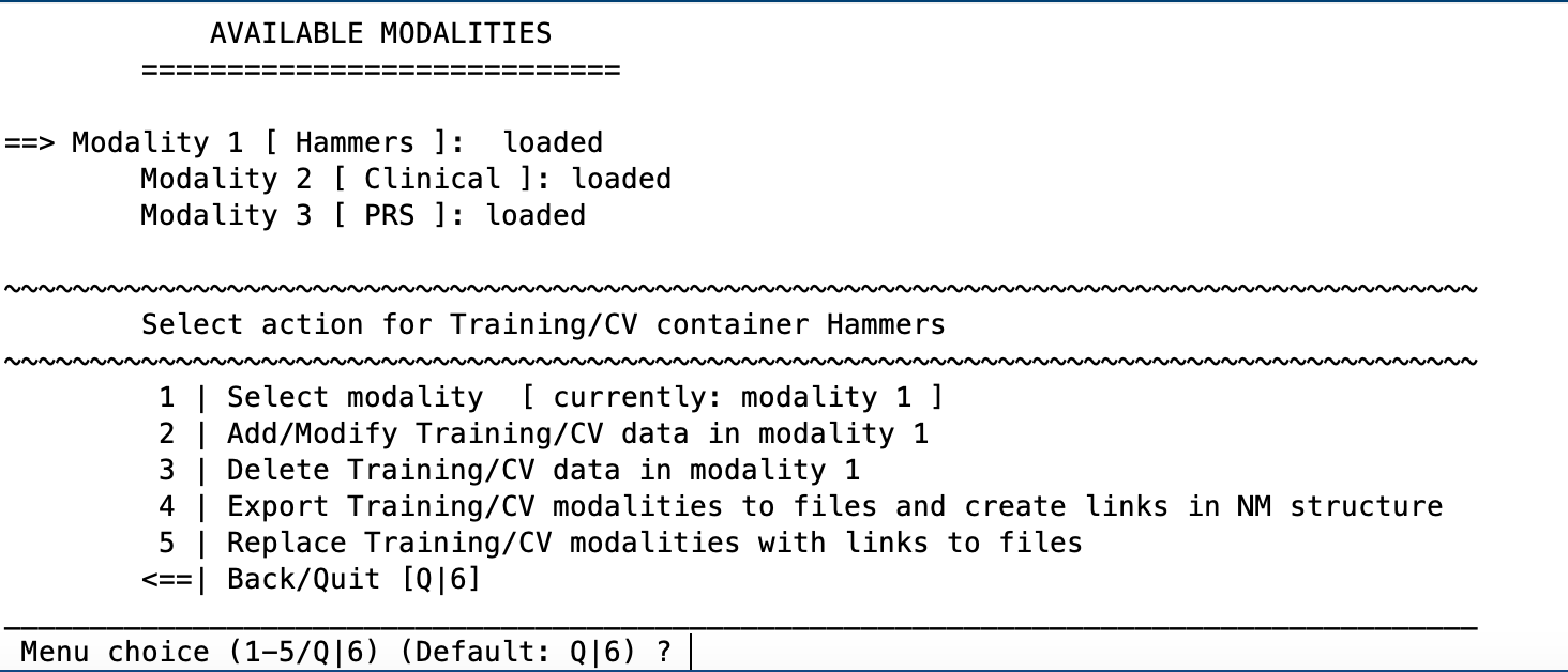 NeuroMiner data entry menu modality manager menu