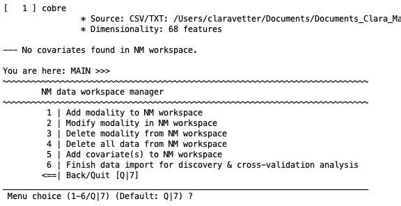 NeuroMiner data entry menu to add aditional modalities, covariates or finalize and lock entered data for analysis.