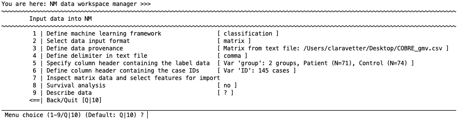 NeuroMiner data entry menu for matrix data from text file