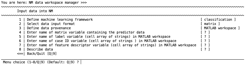 neurominer menu for data entry for matrix data from MATLAB workspace