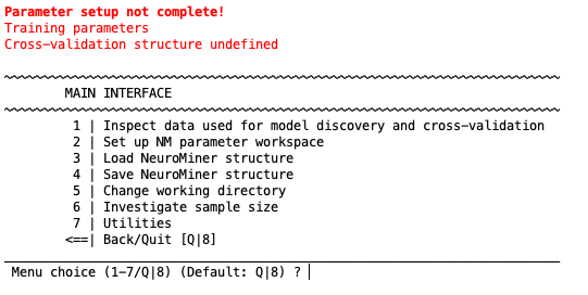 neurominer main menu after data entry